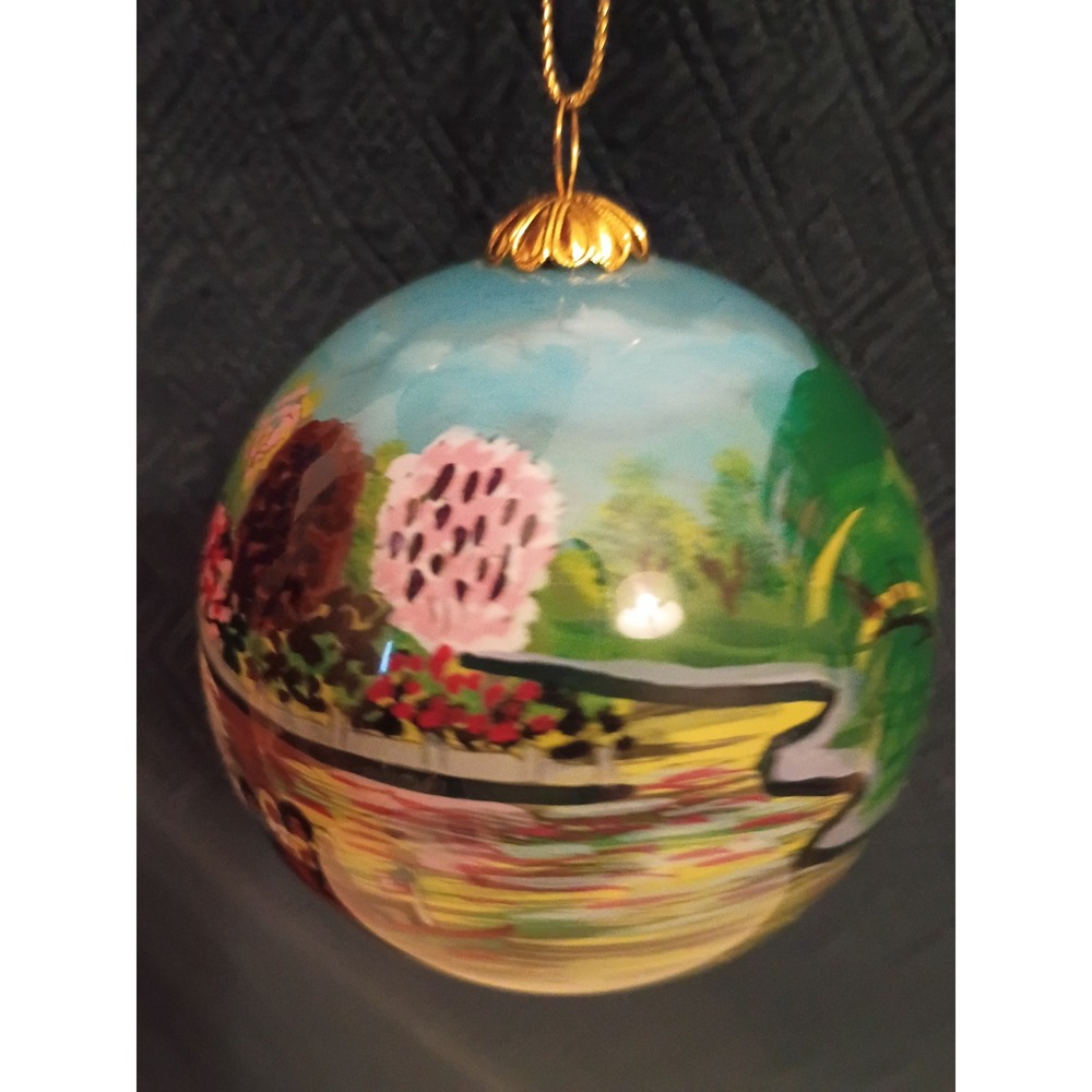 Hand Painted Glass Ball Ornament Swan Boat Park Scene Landscape Gold Cap - Picture 3 of 5